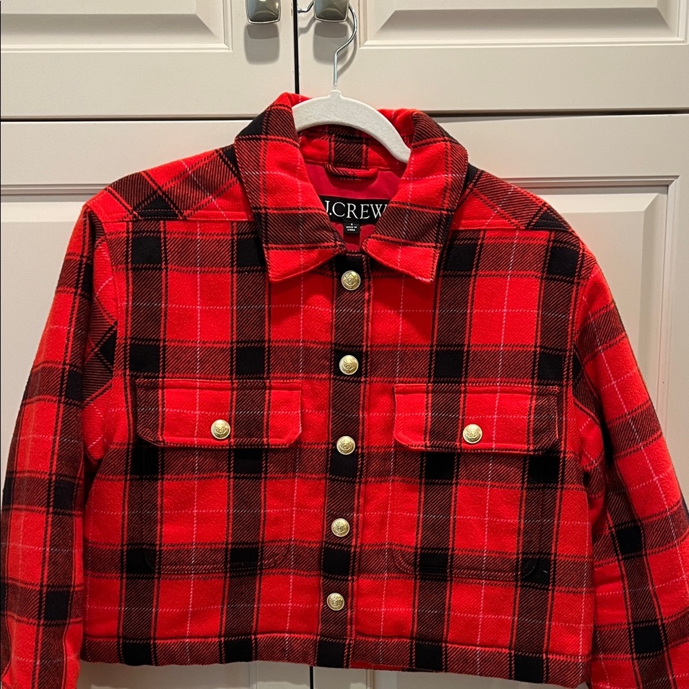 J. Crew woman’s Red Plaid flanel Jacket size S warm🔥 cropped gold buttons